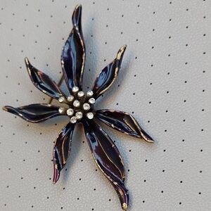 BEN AMUN Vintage '80's Rehinestone Enamel Jet Blue & Gold Floral Brooch Pin GVC